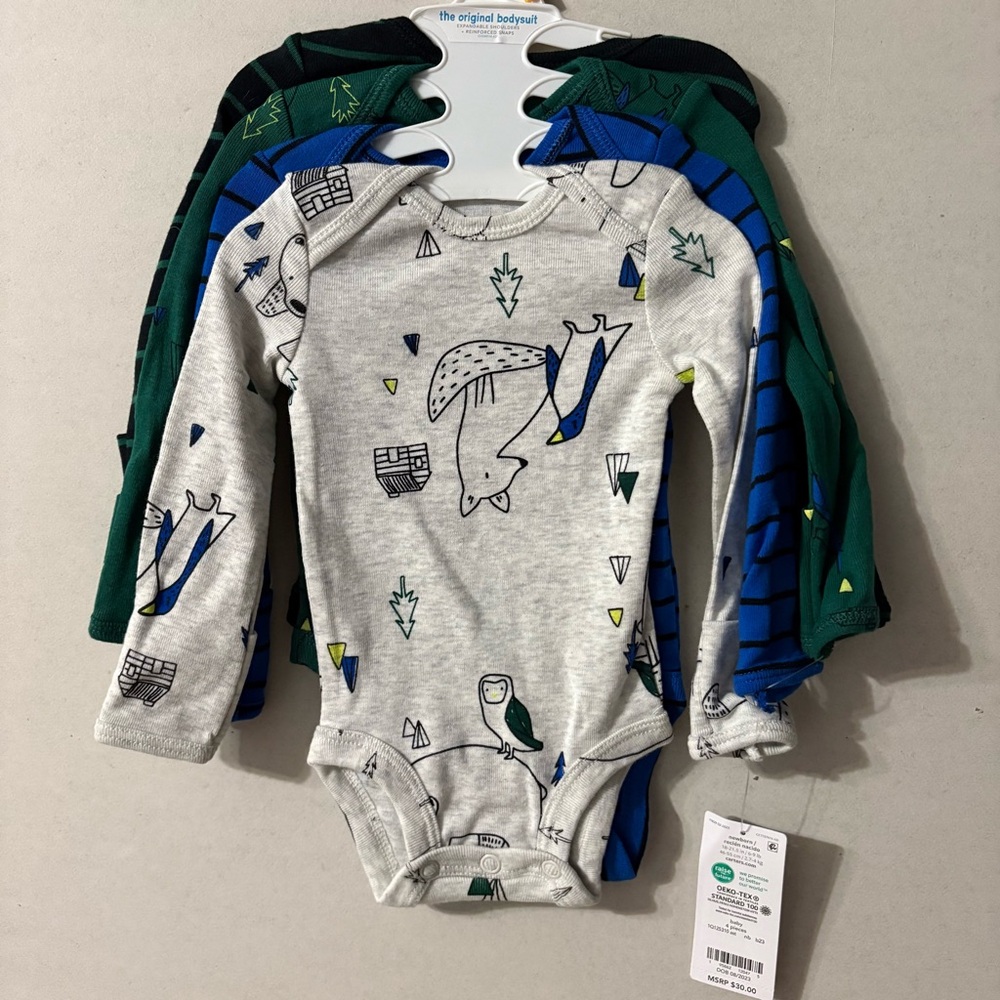 NWT Carter's Newborn 4 Piece Gray/Blue/Green Animal/Stripe Print Bodysuits